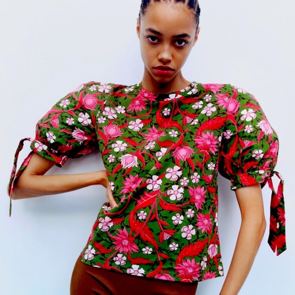 New Zara Print  Floral Tied Puffy sleeves  top - Picture 1 of 7